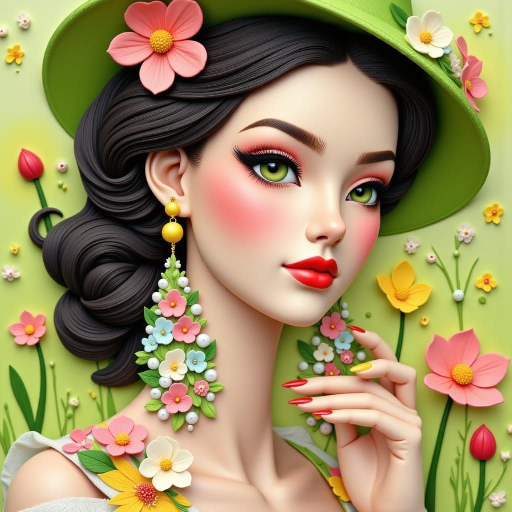 Beautiful Woman in Spring Earrings with Polymer Clay Flowers