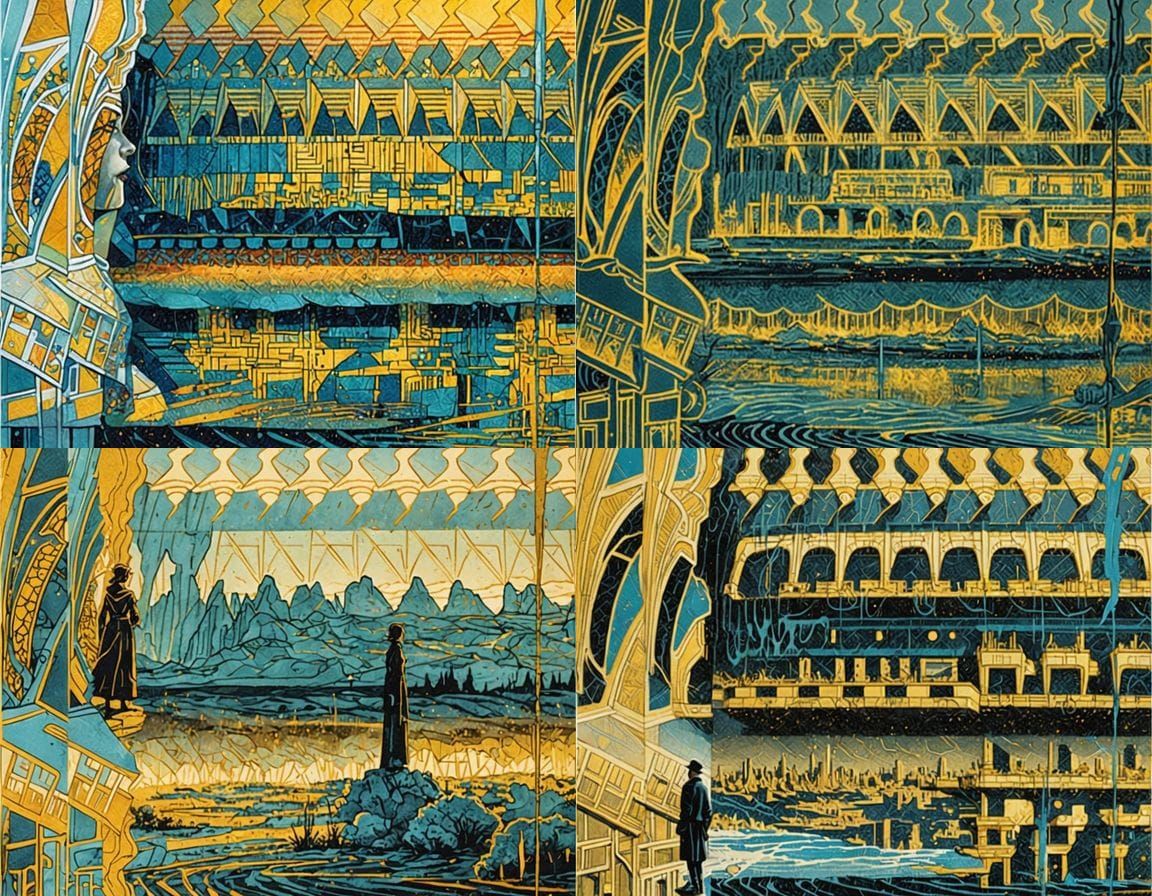 Retrofuturistic Movie Still in Merged Styles