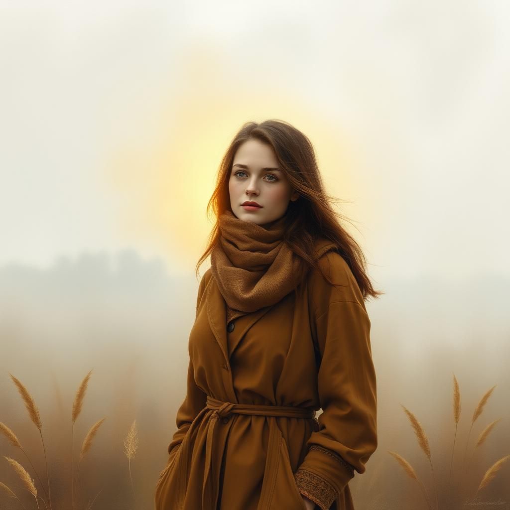 Ethereal Woman Radiates Hope in Misty Landscape