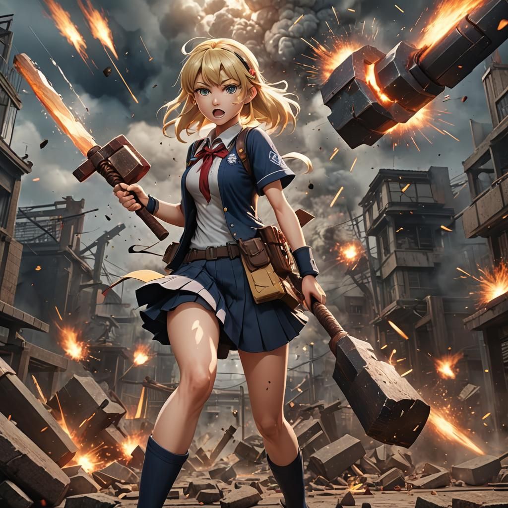 Angry Anime Schoolgirl with Hammer and Explosions