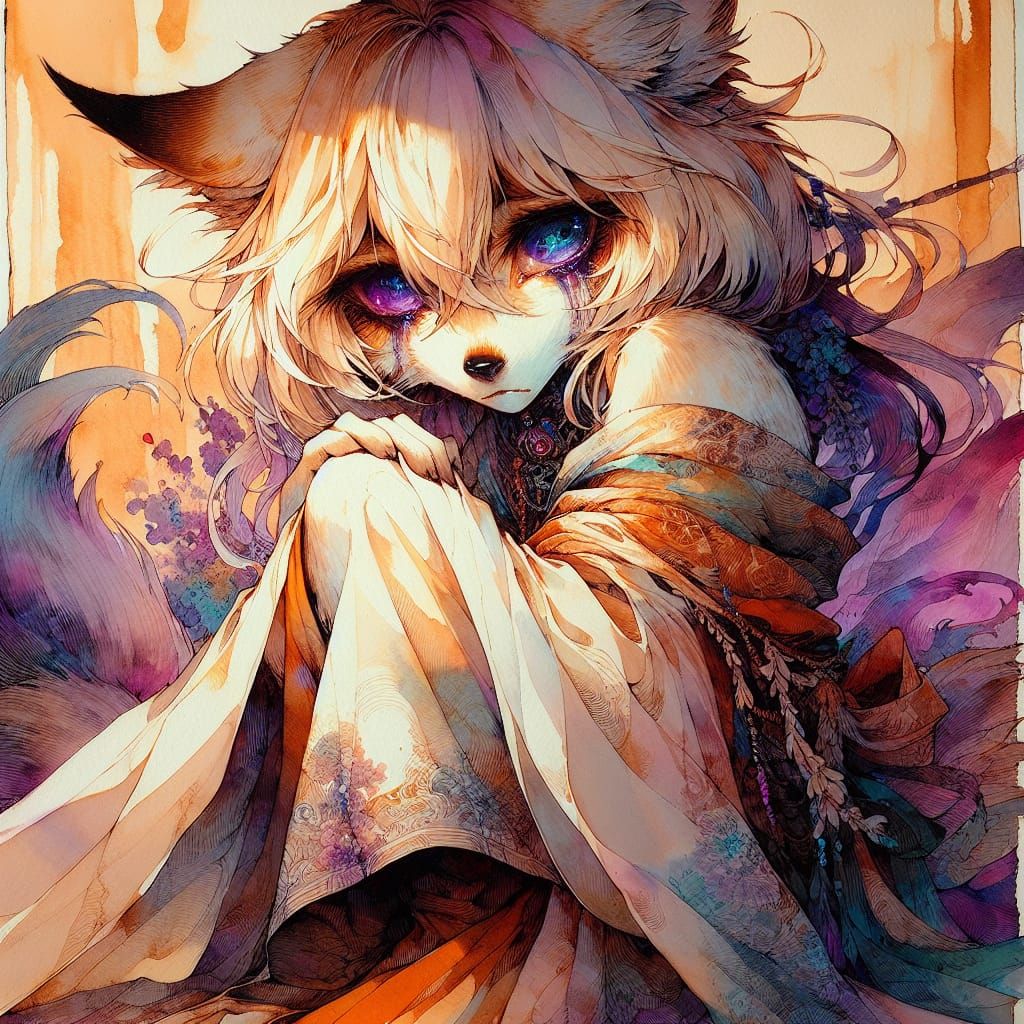 Anthropomorphic Fox Kneeling in Gothic Anime Ink Painting