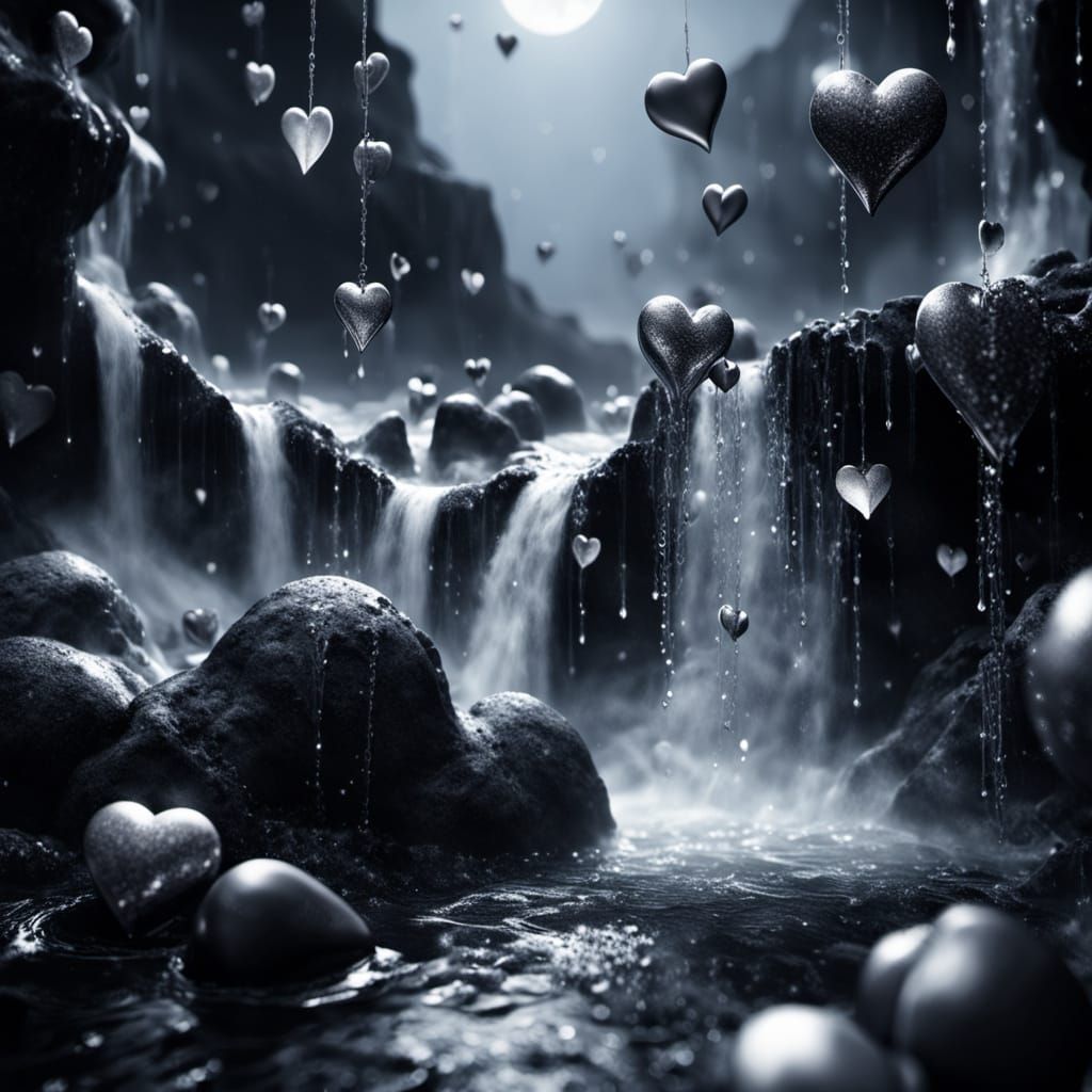 Dark Fantasy Waterfall of Hearts in Gothic Style