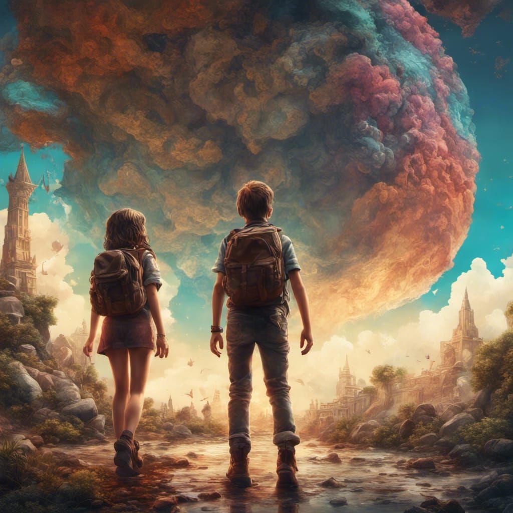 Adventurous Backpackers in a Detailed Fantasy Landscape