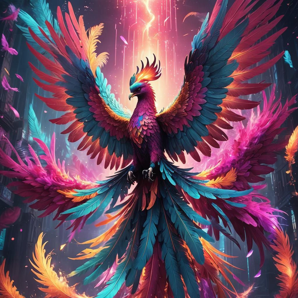 Vibrant Phoenix Spreads Wings in Mystical Aura