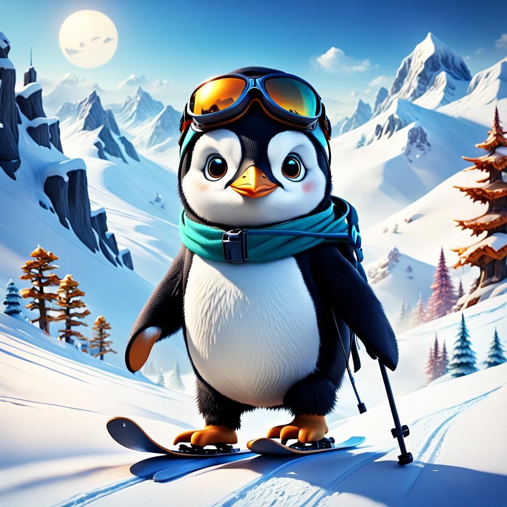 Adorable Penguin Skiing Downhill in Matte Painting Style