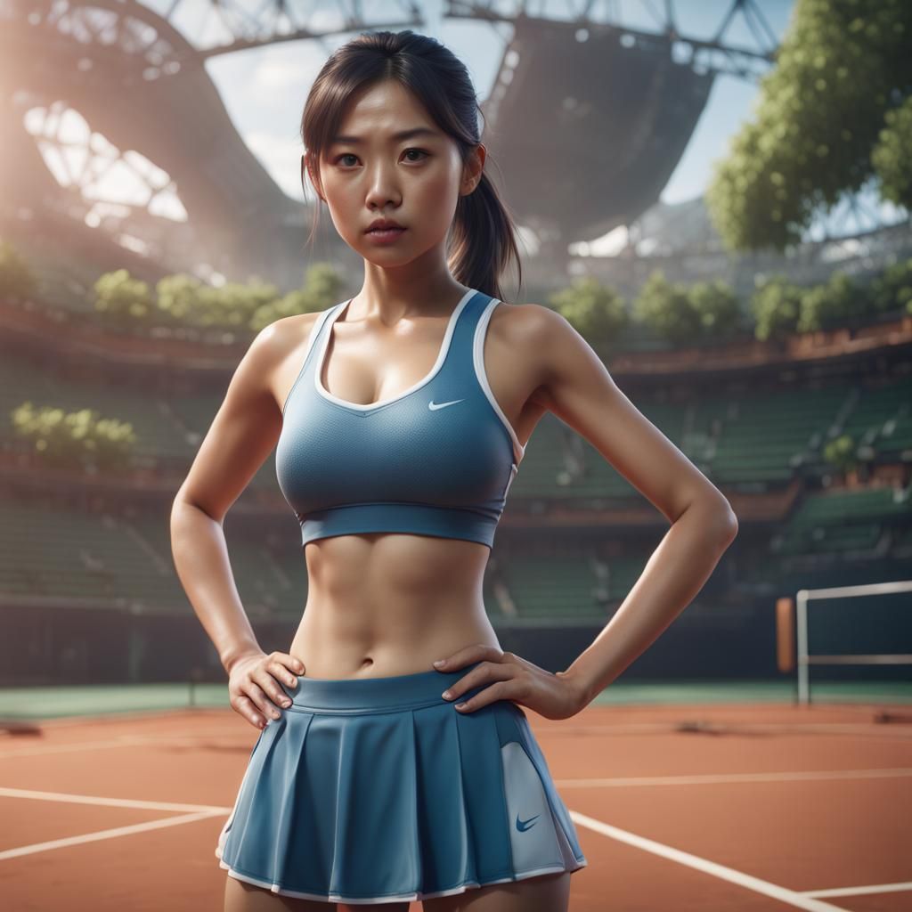 Young Asian Girl in Sports Bra: Detailed Digital Art