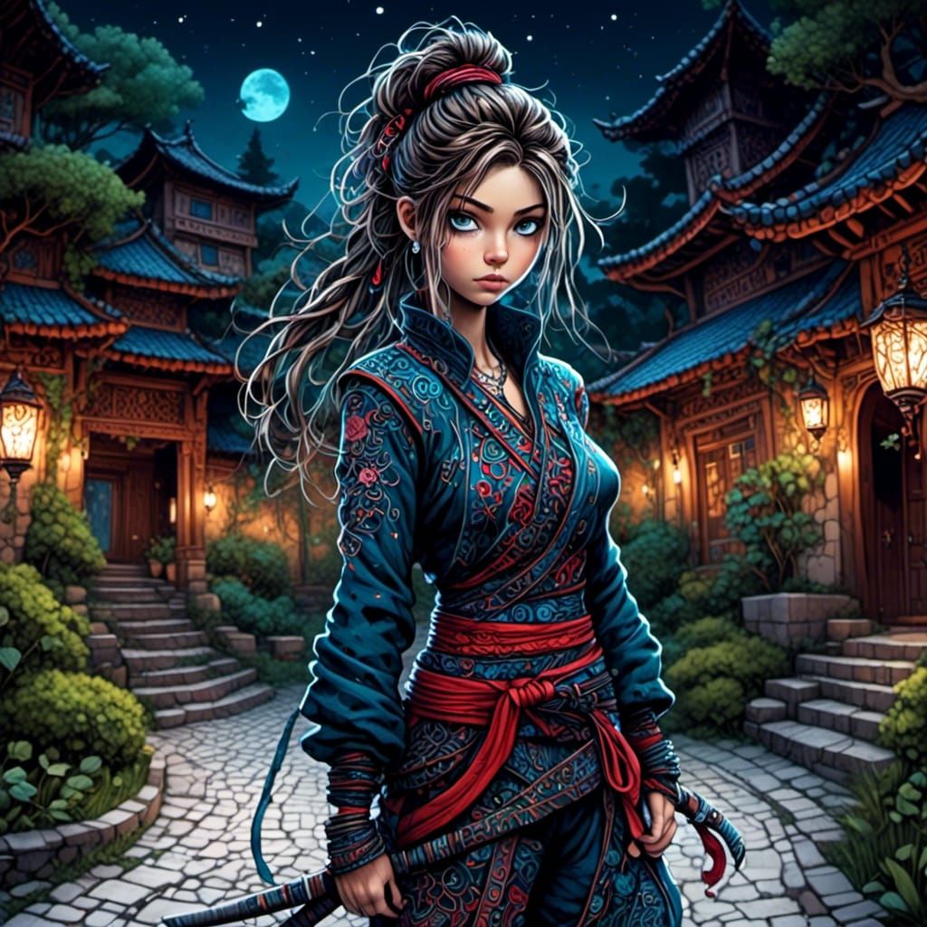 Whimsical Ninja in Temple Courtyard, Digital Painting