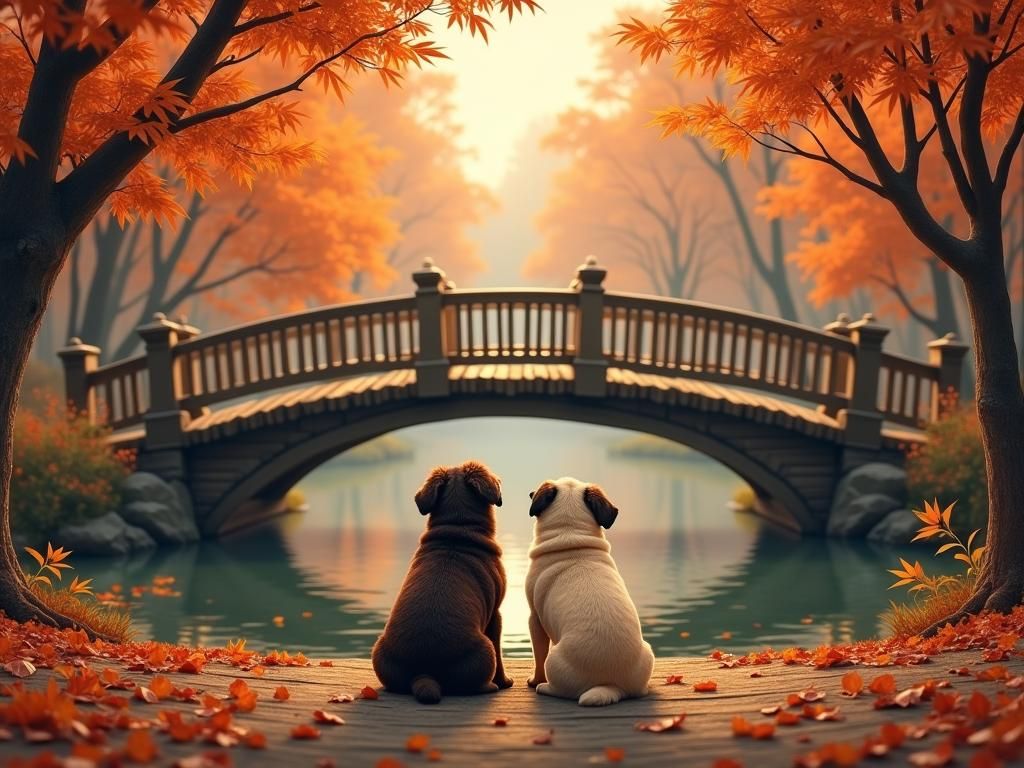 Autumn River Scene with Pugs in Photorealistic Style