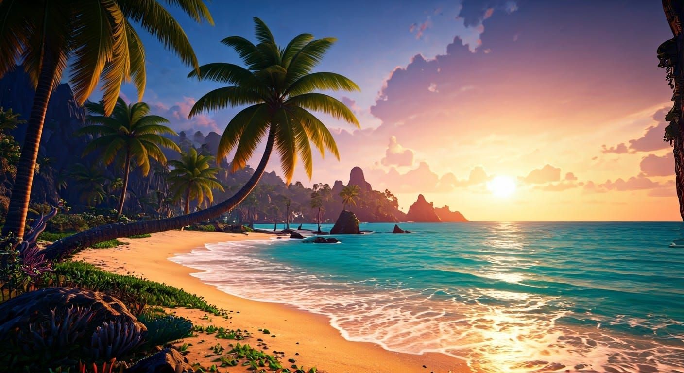 Surreal Paradise Beach at Sunset in Cyberpunk Aesthetic
