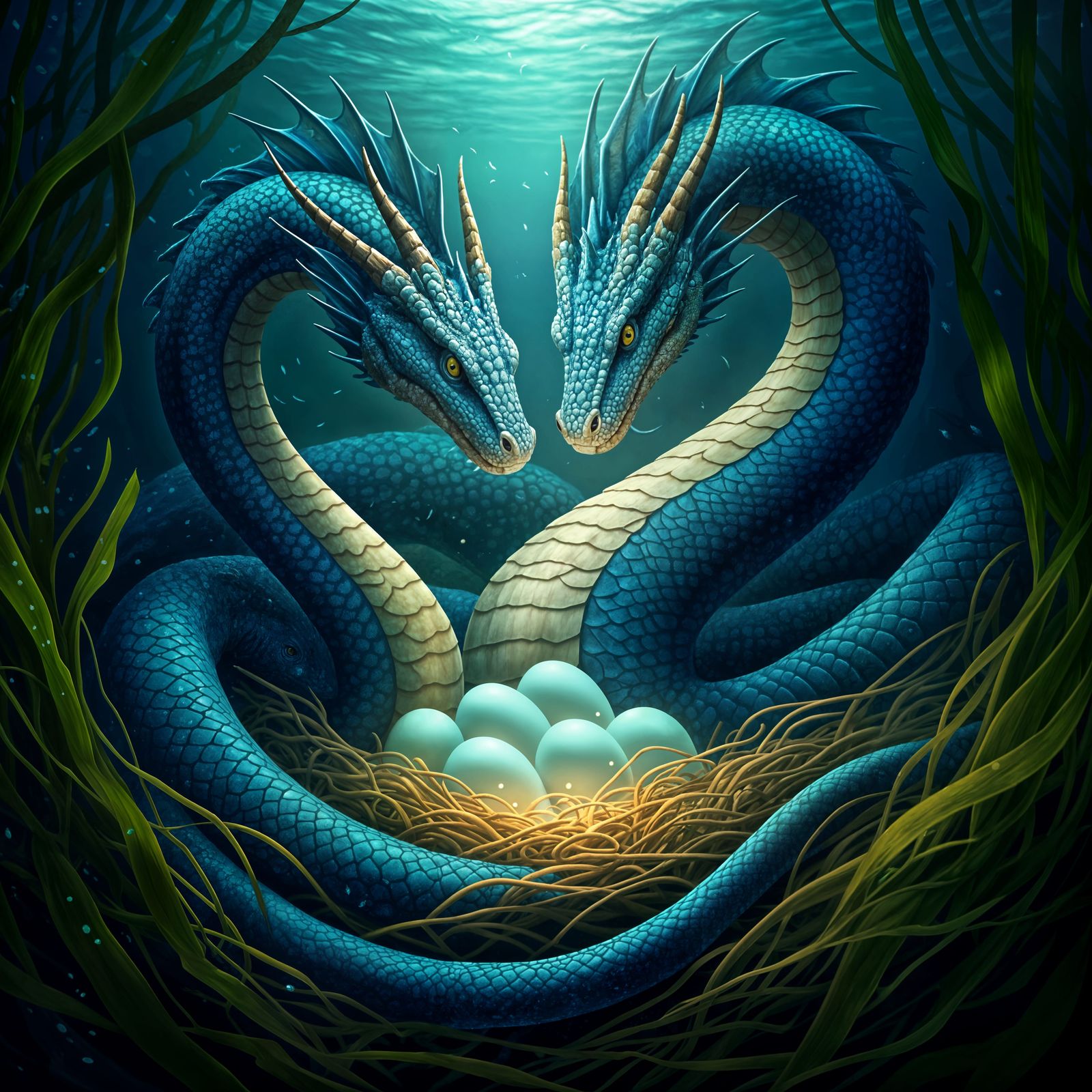 Asian Azure Horned Serpents Guarding Azure Glowing Eggs in U...