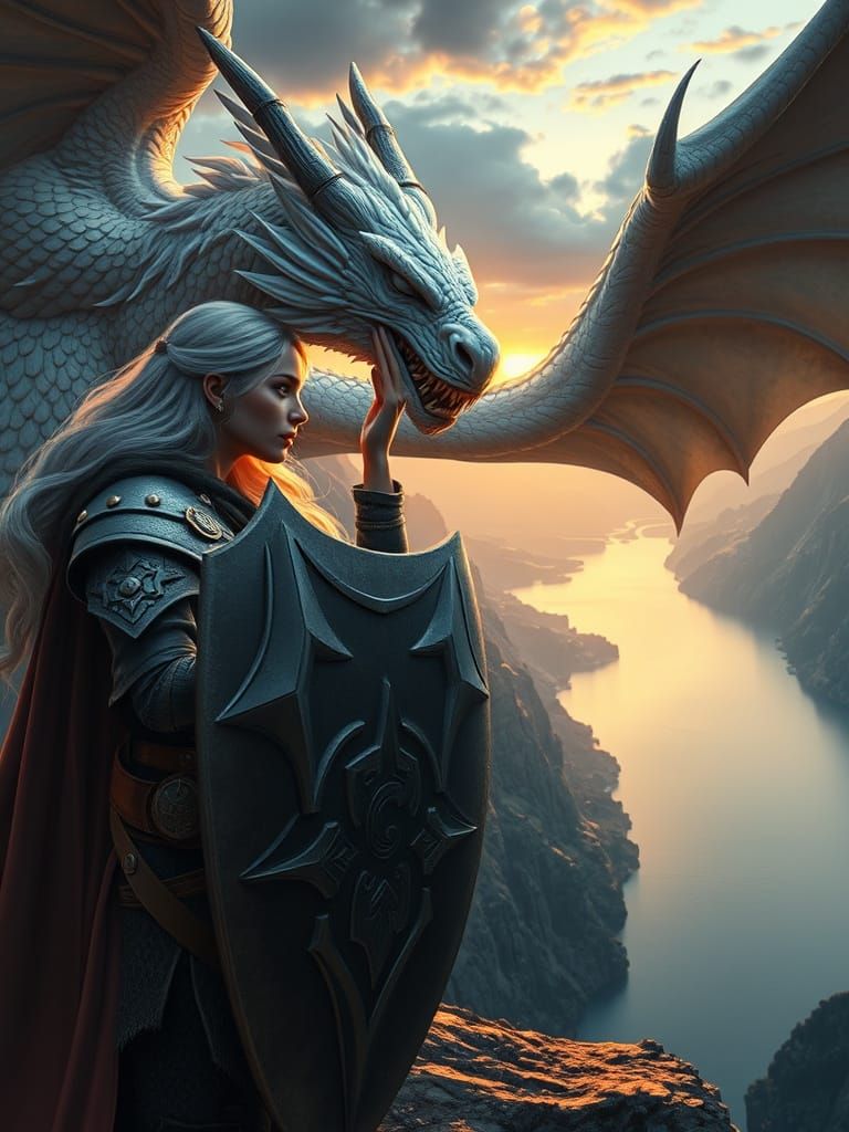 Viking Shield Maiden and Dragon in Anime Style