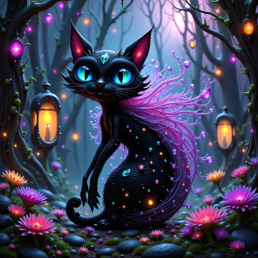 Ethereal Black Cat Amidst Bioluminescent Portals
