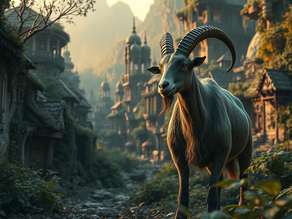 Decadent Overgrown City with Goat People in Arcanepunk Style