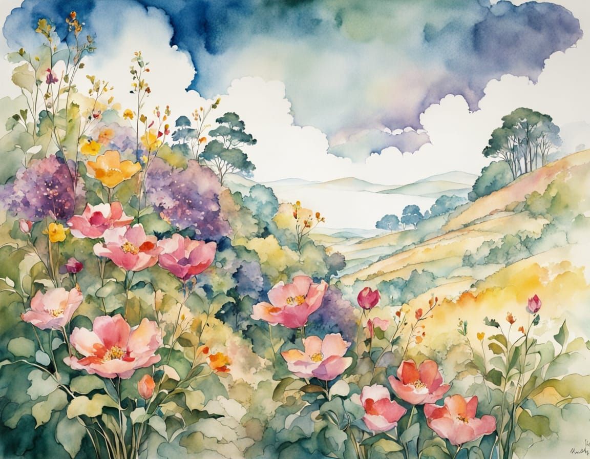 Spring Equinox Watercolour Landscape in Vibrant Hues