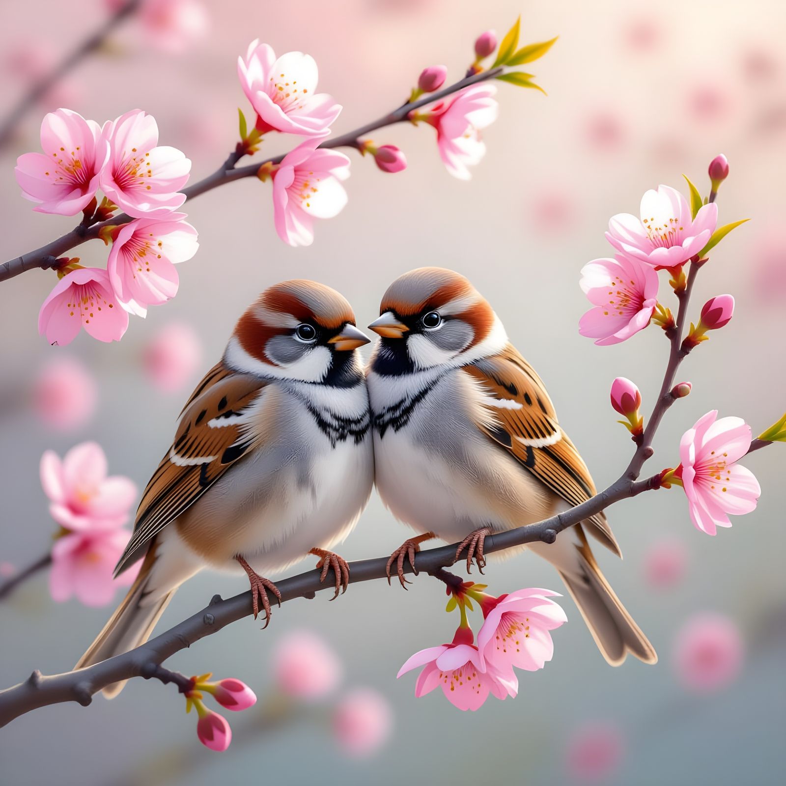 Sparrows Amidst Cherry Blossoms: A Watercolor Painting