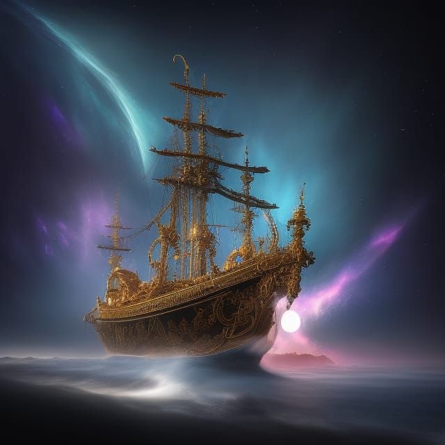 Magical Ship on Mystical Sea: Rococo Digital Art