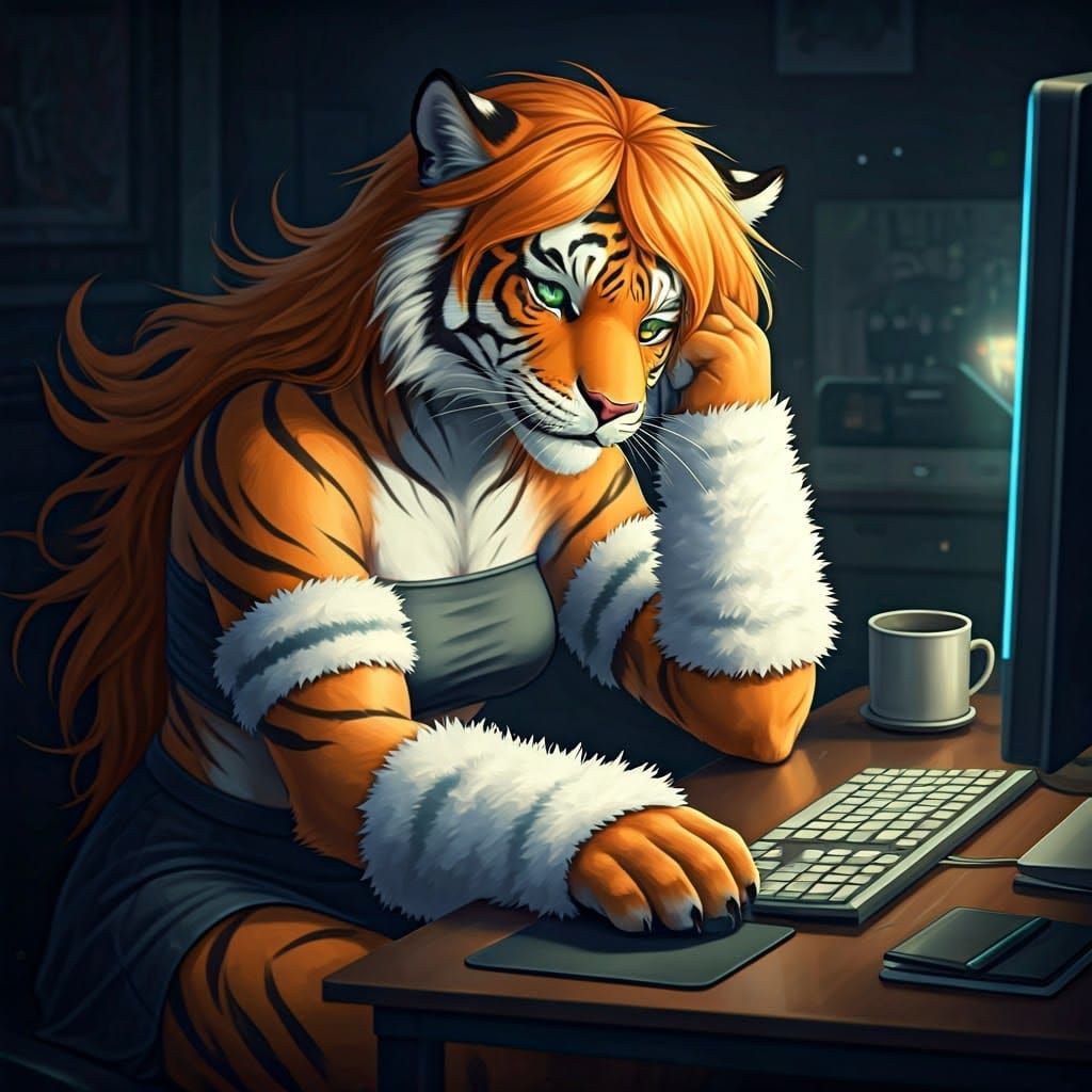 Tigress Struggles to Stay Awake at Desk