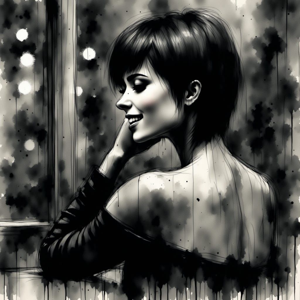 Monochrome Portrait of Woman in Jazz Club, Ink Art