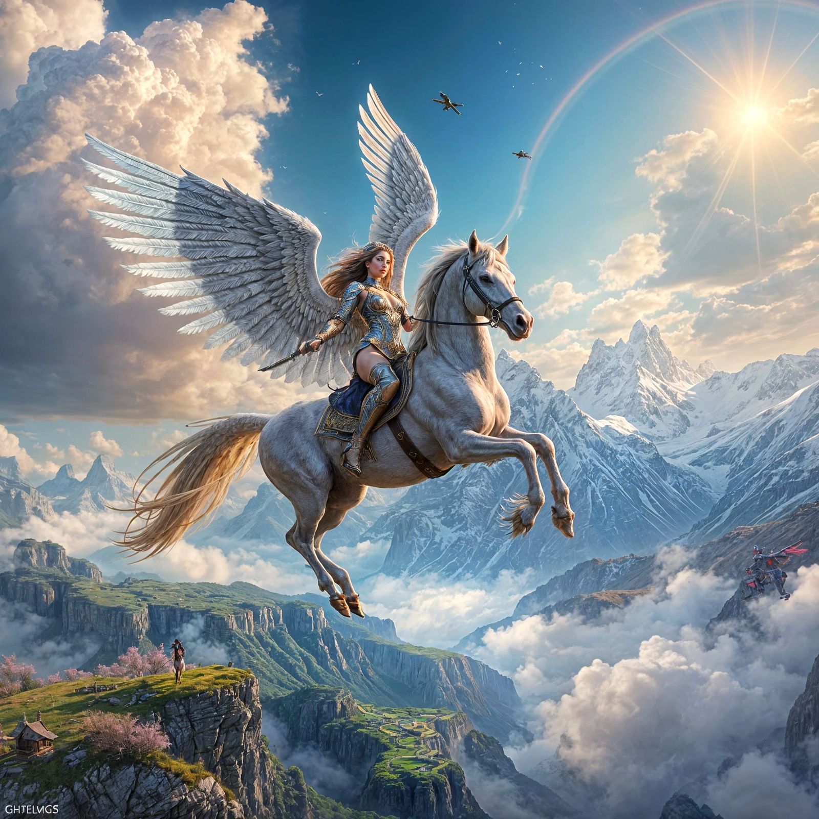A stunning view and a mythical winged stallion flies ridden by a beautiful goddess. detailed matte painting, deep color,...