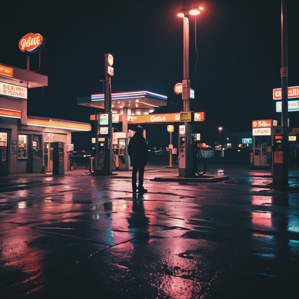 Film Noir Gas Station at Night