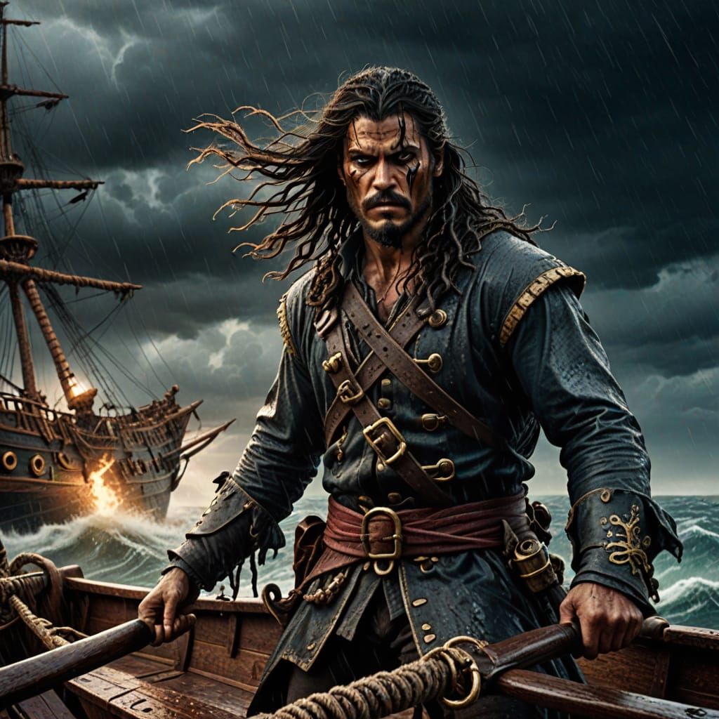 Dramatic Pirate Ship Storm Scene with Sun-Bronzed Hero