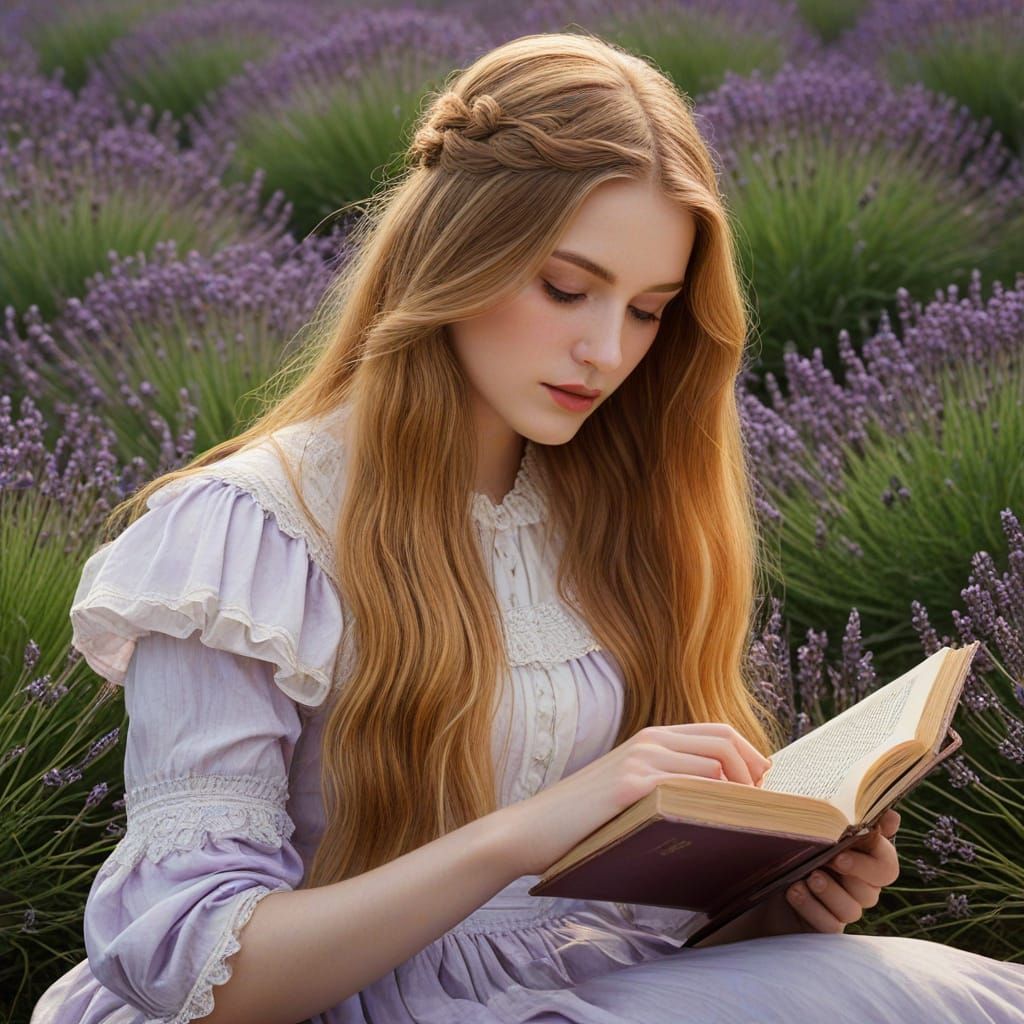 Victorian Woman Reading in Lavender Field Painting