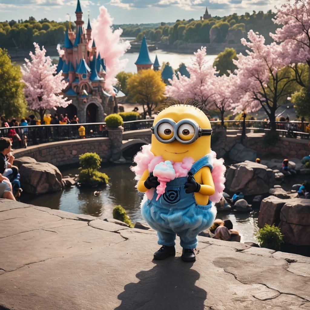 Minion Enjoys Cotton Candy at Disney Park