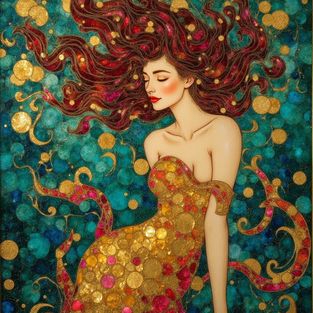 Ocean Goddess in Klimt Style with Gold, Teal, and Crimson
