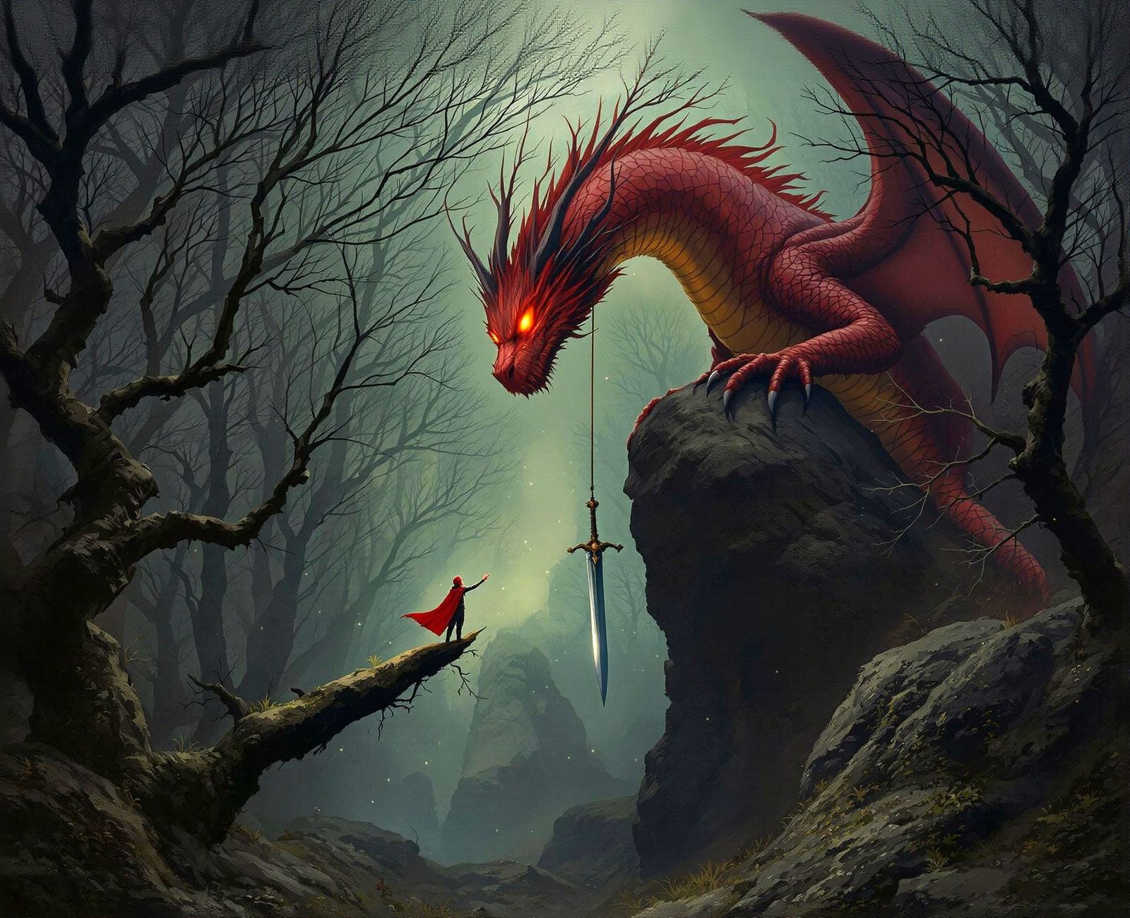 Tiny Hero and Giant Dragon in Dark Forest