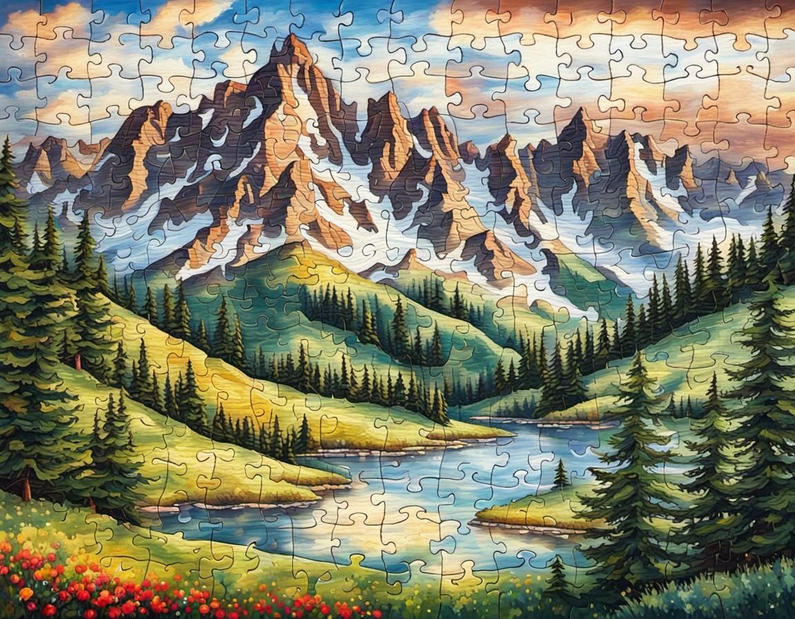Mountain Landscape Painted on Jigsaw Puzzle Piece