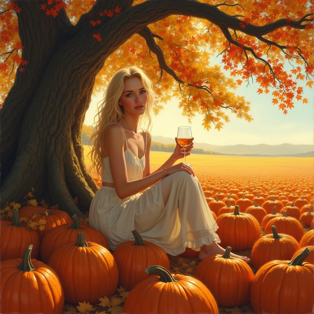 Autumn Serenity: Woman with Whiskey Under Fall Foliage