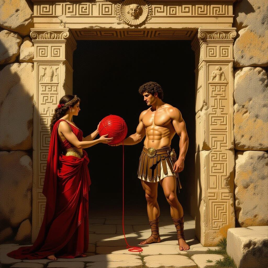Theseus Receives Ariadne's Red Thread at Labyrinth Entrance