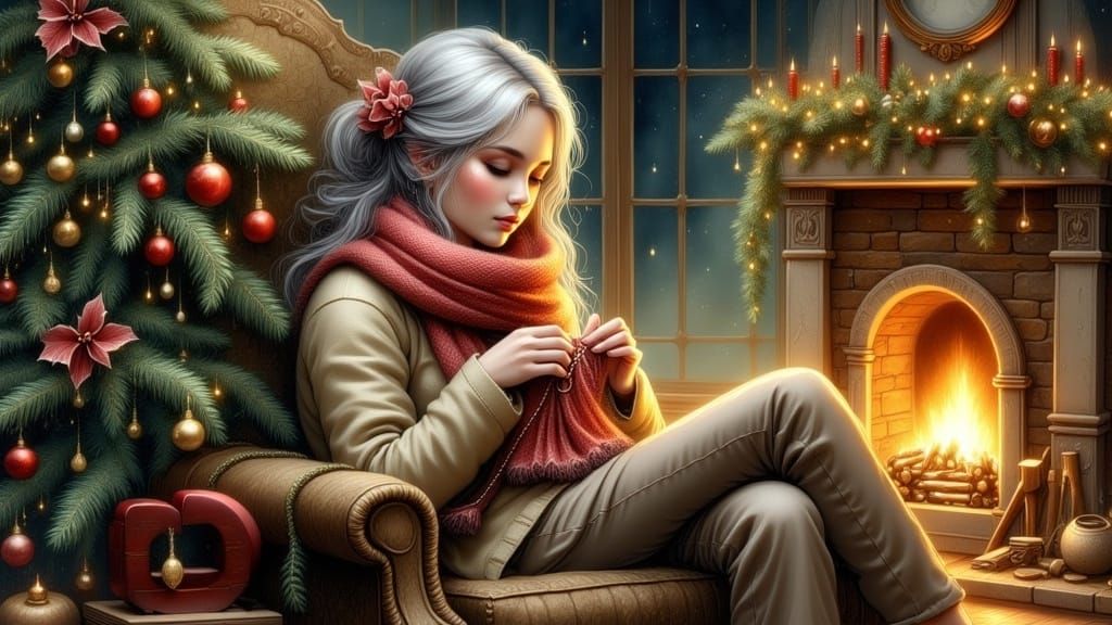 Whimsical Winter Scene in Cozy Folk Art Style