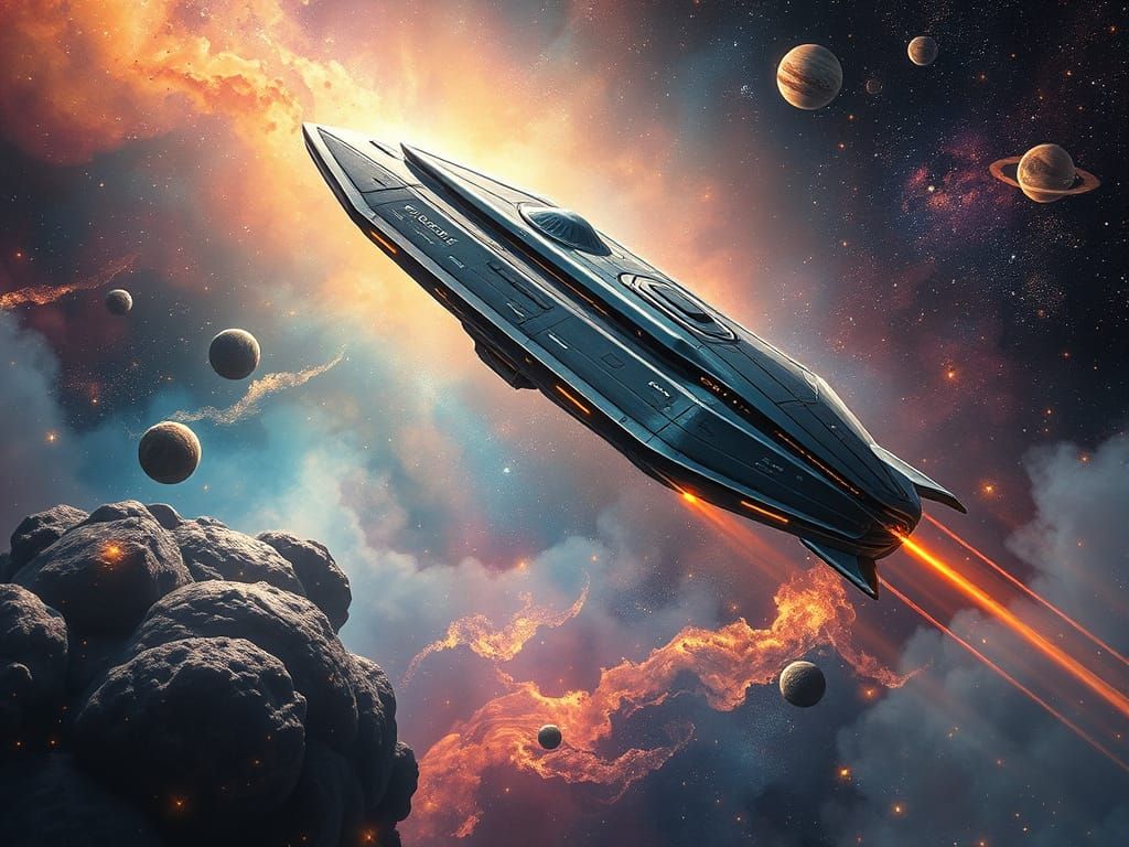 Galactic Spaceship soars above Vibrant Nebulae in Art Nouvea...