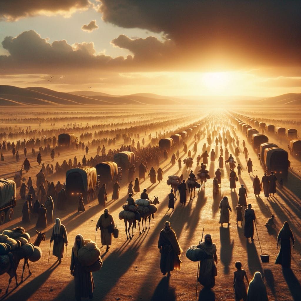 Epic Exodus Scene at Sunset: A Journey of Hope