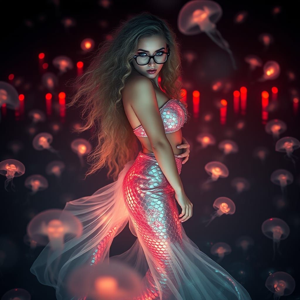 Mystical Mermaid with Glowing Jellyfish in Dark Waters