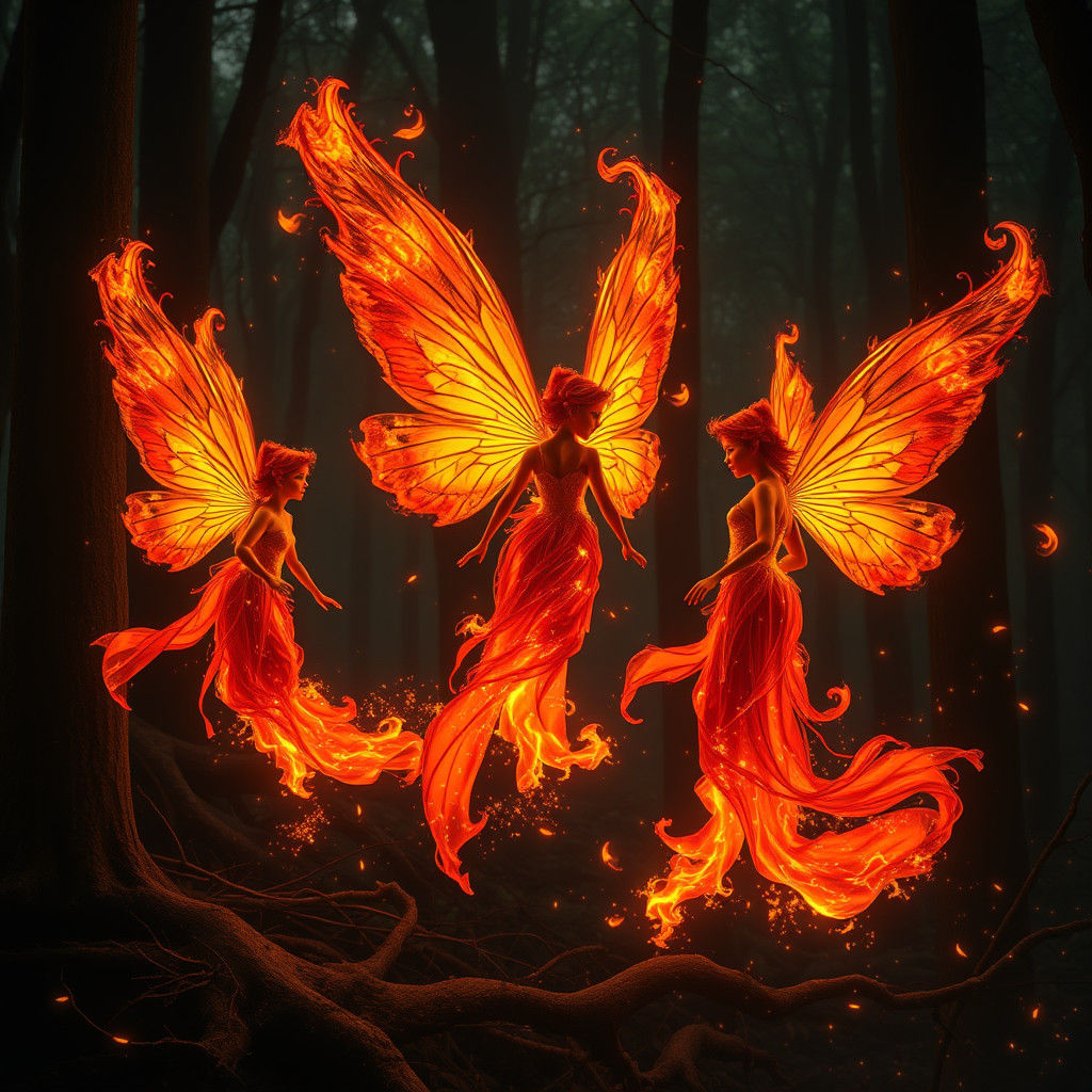 Fire Fairies Dancing in a Dark Forest