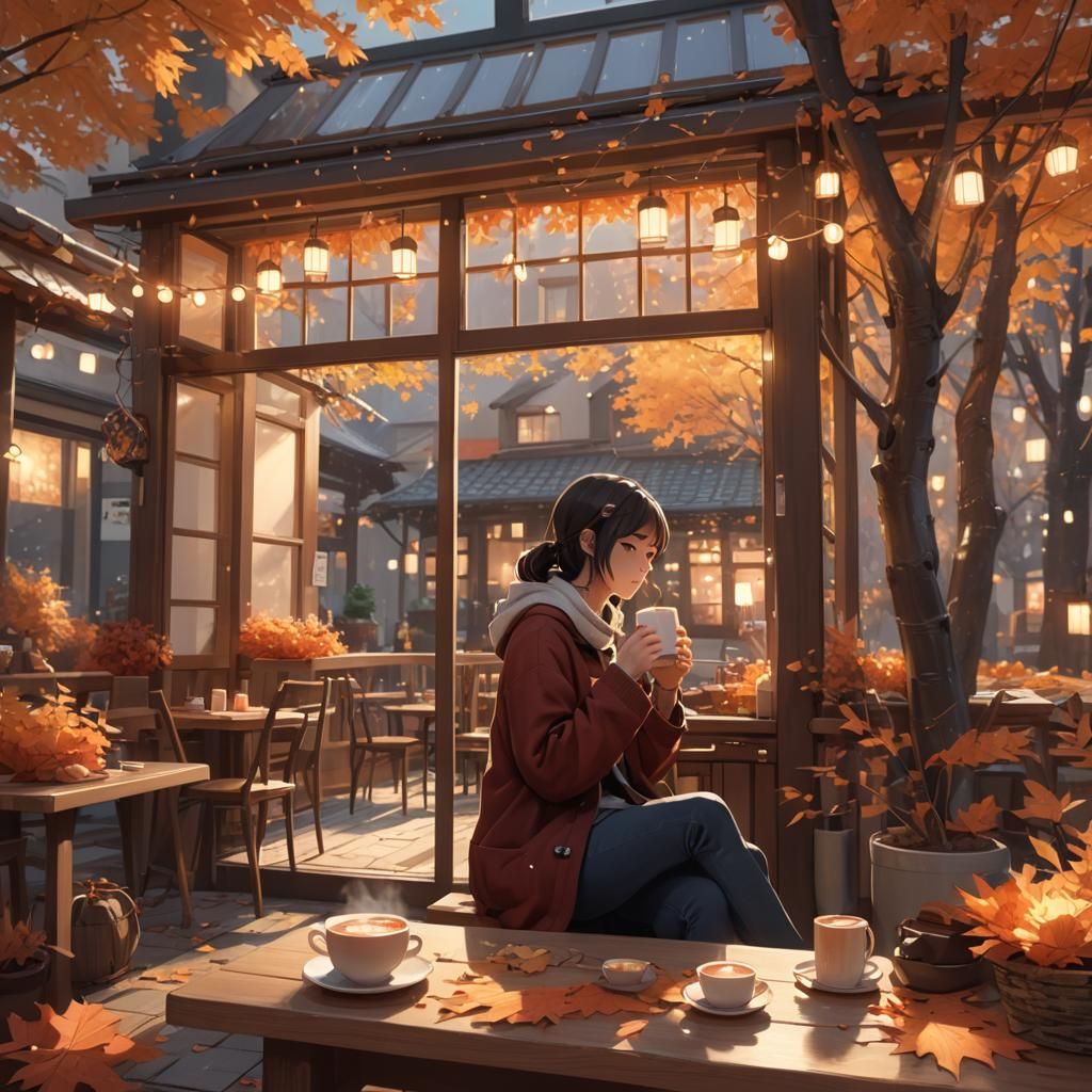 Cozy Cafe Scene with Autumn Leaves in Anime Style