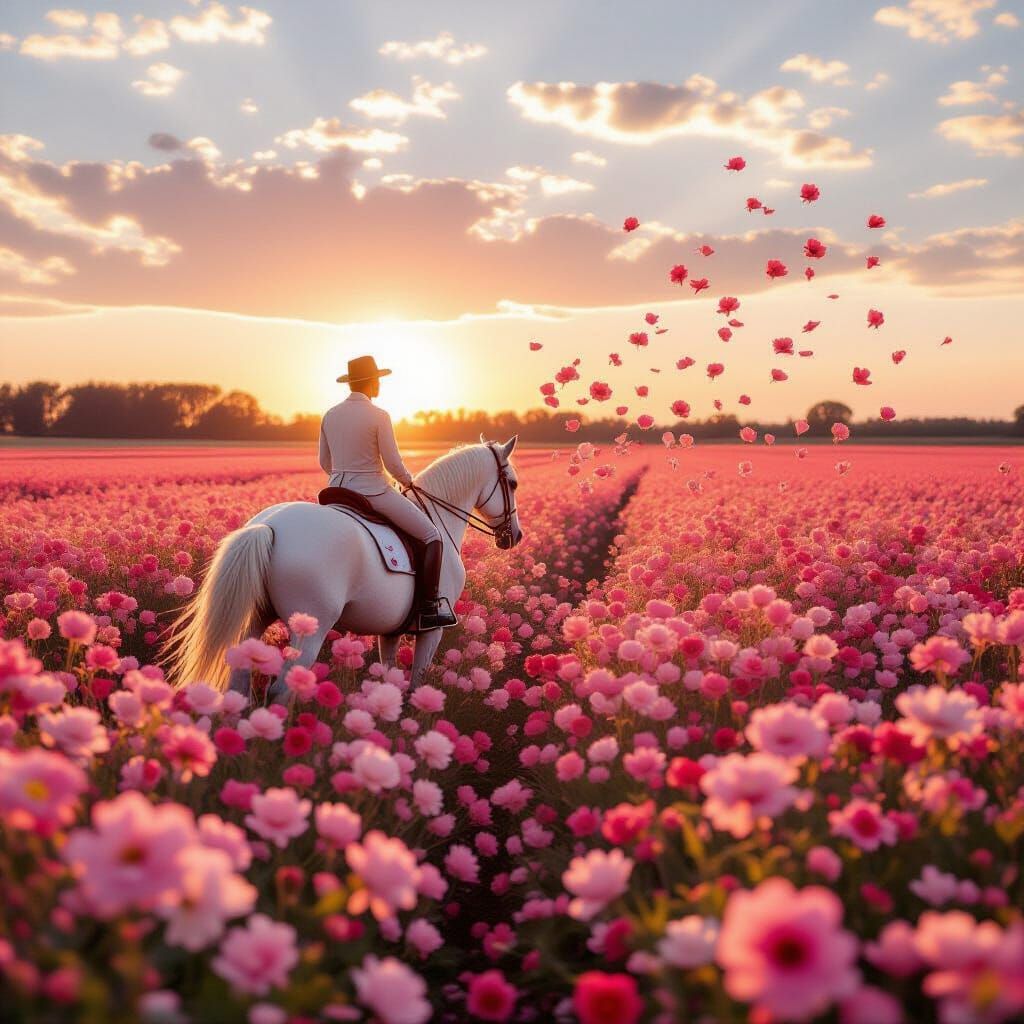 Man on Horseback Over Pink Sakura Field at Sunset
