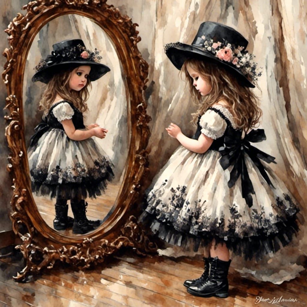 Girl and Mirror Reflection in Watercolor Style