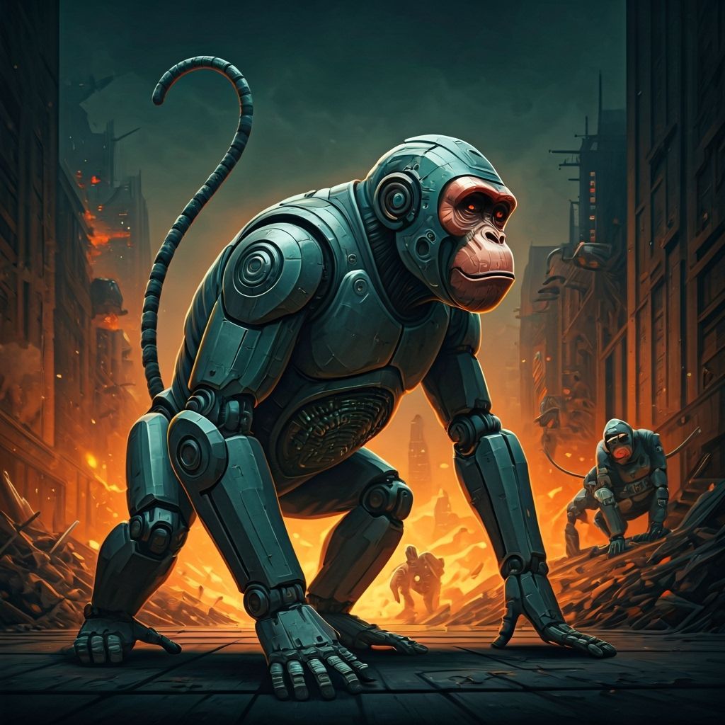 Futuristic Robotic Monkeys Destroying City, Dark Sci-Fi Art