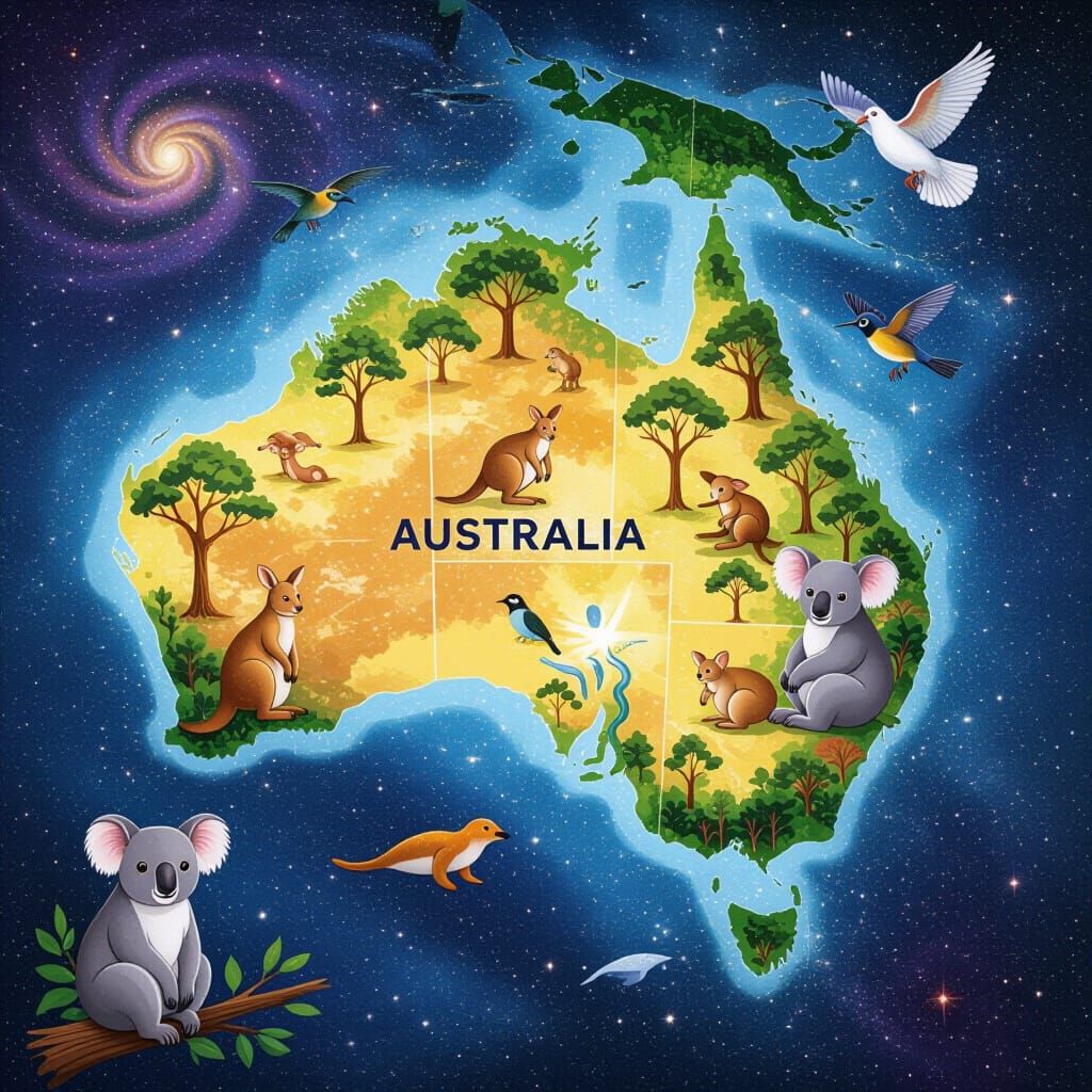 Decorative Map of Australia with Wildlife