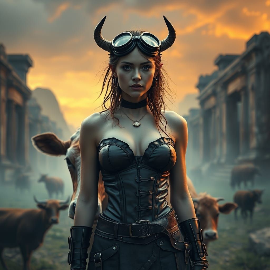 Steampunk Heroine and Cow in Dreamlike Landscape