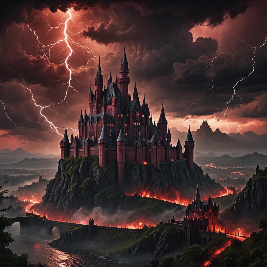 Gothic Castle Under Red Sky in Digital Painting