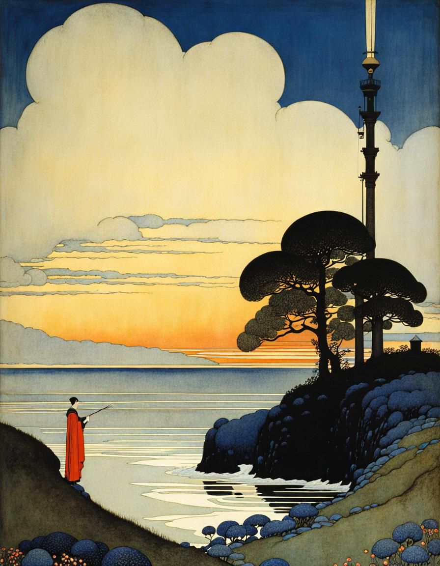 Charming Crane on Colourful Coast, Vintage Illustration