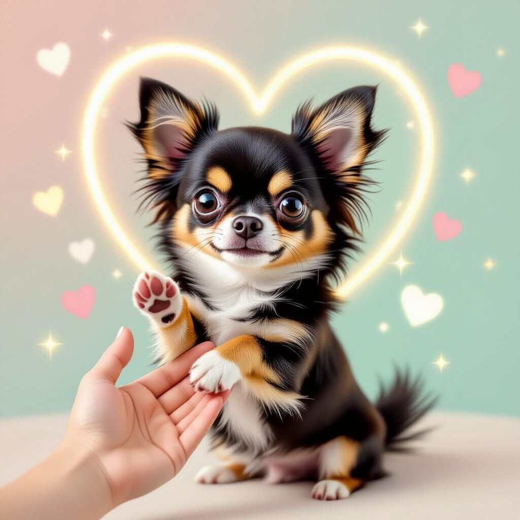 Chihuahua's Paw Meets Hand in Glowing Heart Aura