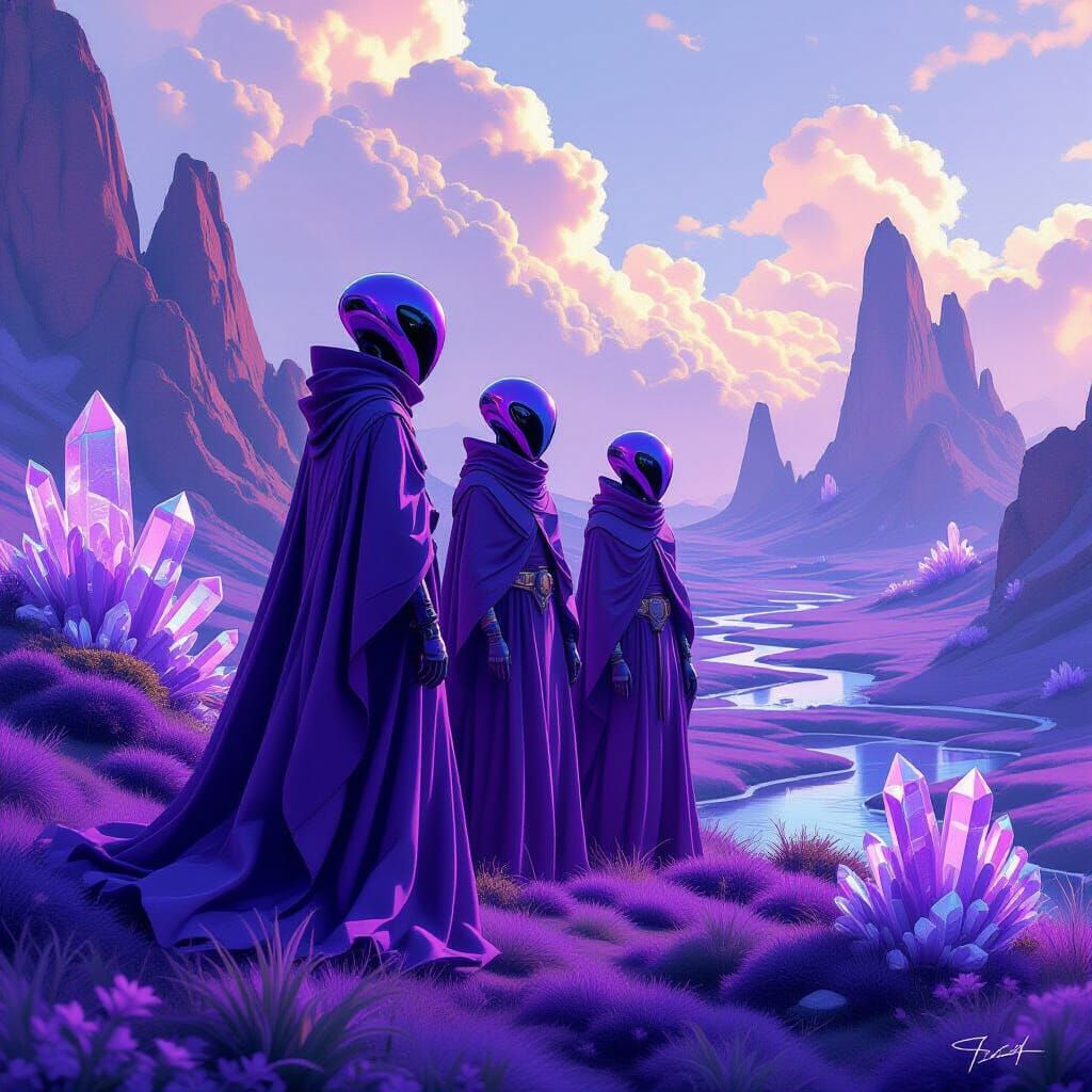 Amethyst Exoplanet with Purple Aliens in Iridescent Robes