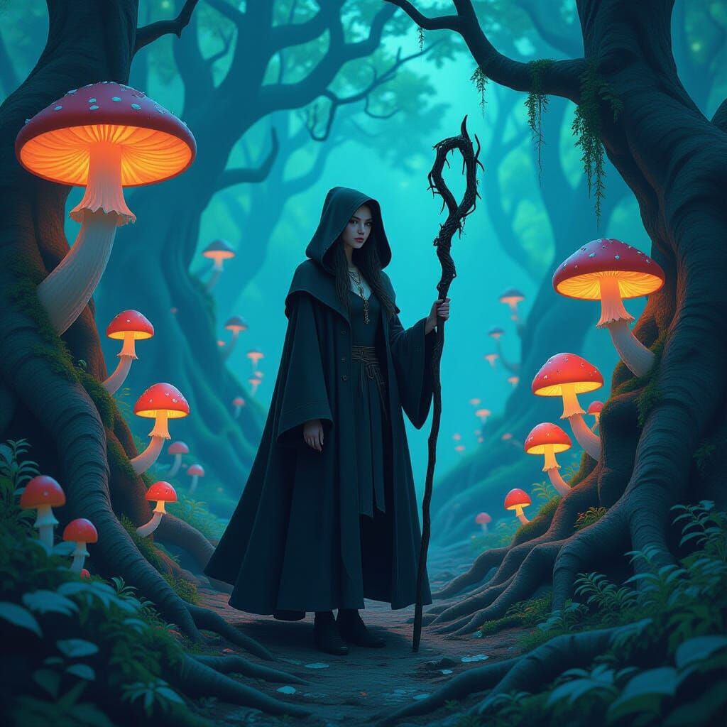 Mystical Woman in Enchanted Forest, Dreamlike Fantasy Art