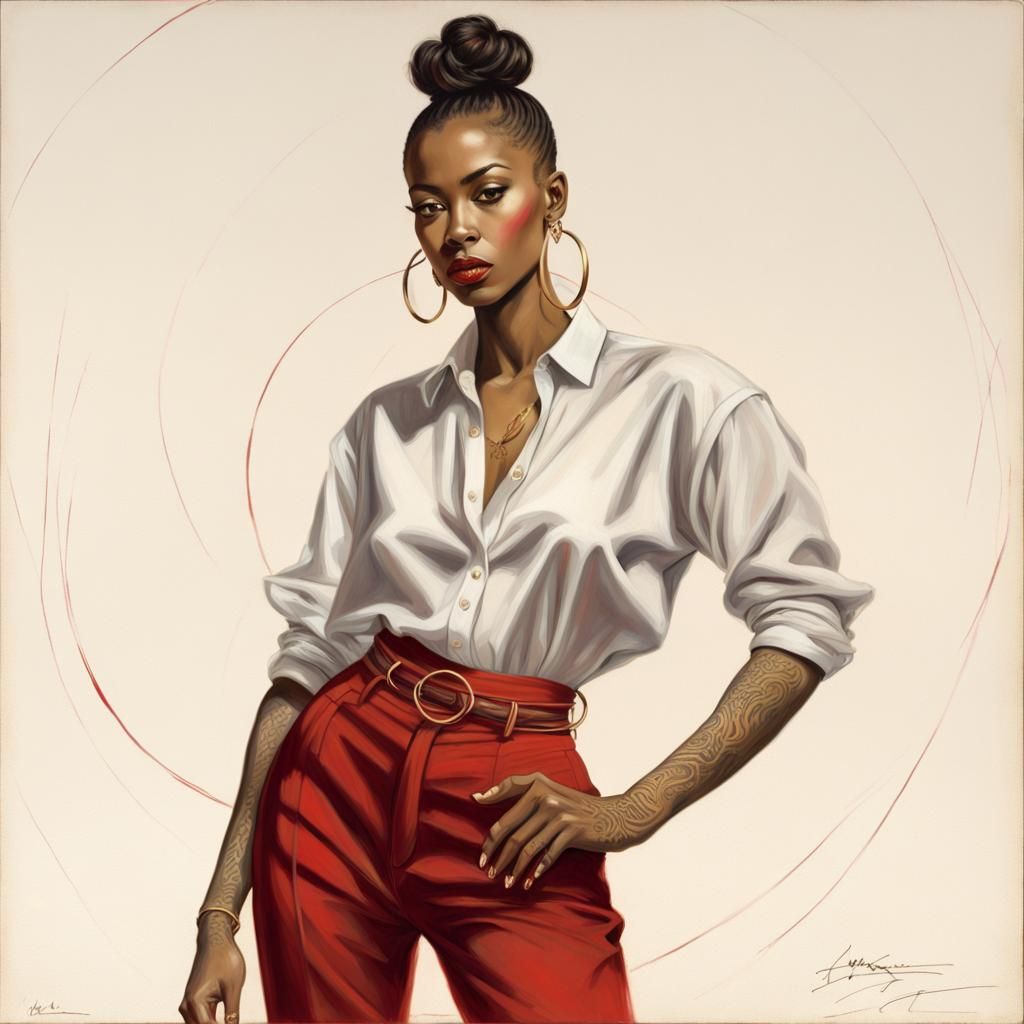 full body,Fair skinned African American women with a high bun and medium build wearing golden hoop earrings cropped shir...