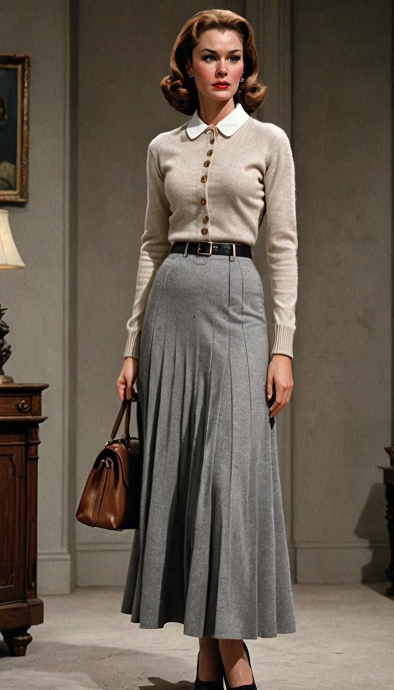 Governess in Cashmere Cardigan and Wool Skirt